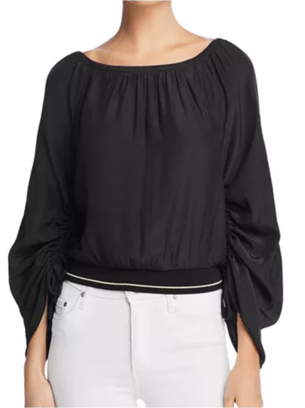 Ramy Brook Johanna Long Ruched Sleeve‎ Top Black Gold Size Medium